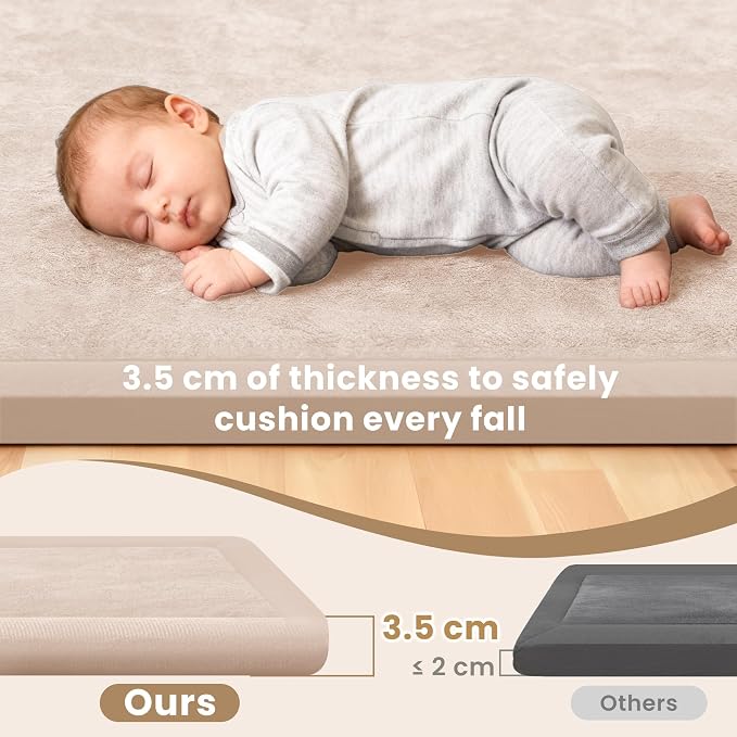 ACOMOPACK Baby Play Mat for Floor 1.3" Thick Memory Foam Play Mat 59"×71" Tummy Time Crawling with Non-Slip Bottom for Living Room,Nursery,Soft Velvet Playpen Mats for Kids,Infants（Beige）