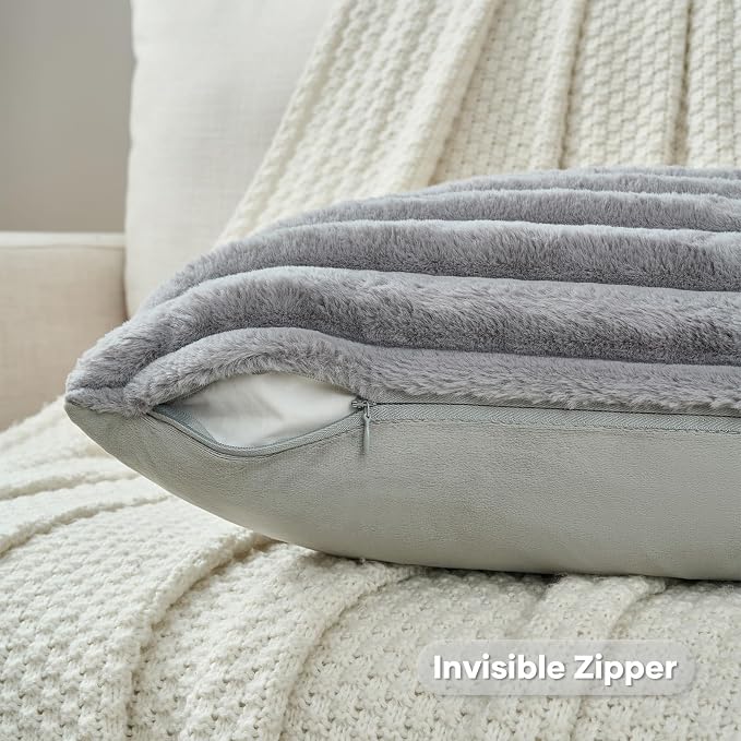 FUTEI Pack of 2 Faux Fur Throw Pillow Covers 22x22 Inch, Grey | Fluffy Faux Rabbit Fur Front/Premium Velvet Back,Hidden Zipper,Machine Washable,Non-Shedding,Colorfast,Insert Not Included.