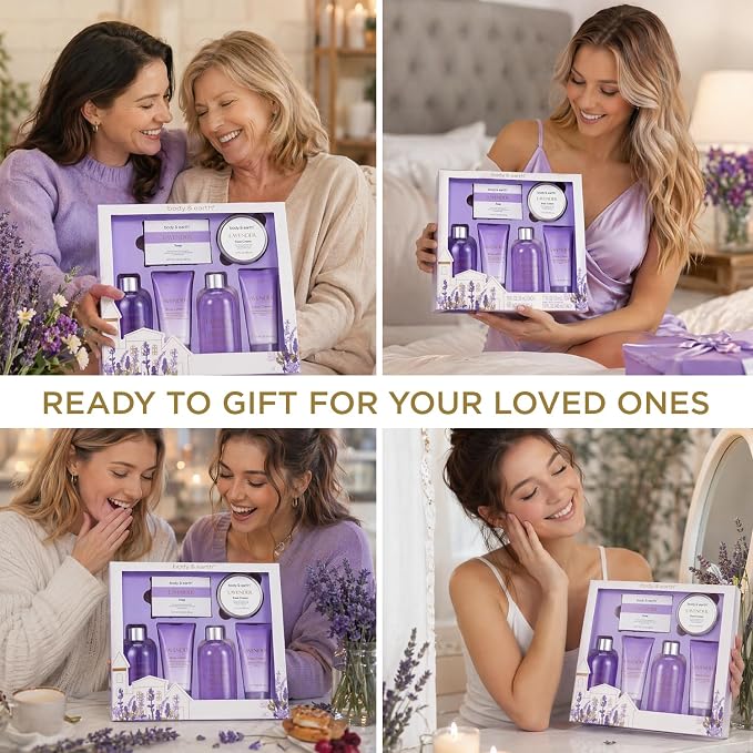 BODY & EARTH Bath and Body Gift Box for Women- 6 Pcs Lavender Bath Kit for Women Spa Set, Birthday, Christmas Gift Set Includes Bubble Bath, Shower Gel, Body Lotion