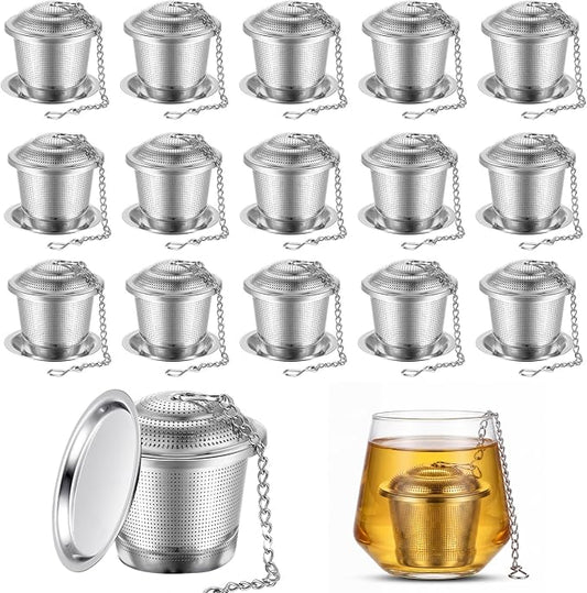 Zopeal 15 Pcs Tea Infuser Stainless Steel Strainer with Extended Chain Hook and Saucer Loose Leaf Steeper Fine Mesh Ball Tea Filter for Brew Spices Seasonings Fits Cup Mug Bottle (Medium)