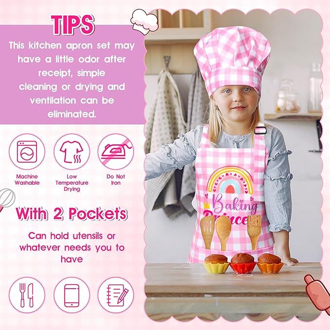R HORSE 2Pcs Kid Apron and Chef Hat Set, Adjustable Children Coquettish Pink Kitchen Toddler Apron for Girls, Dress up Role Play Chef Toy Funny Cooking Gift Birthday Gift for Kids Baking Painting