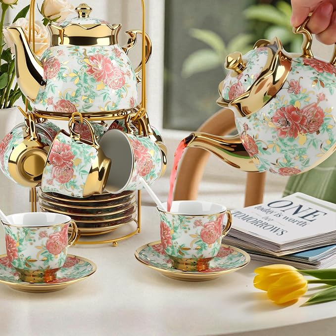 20 Pcs Porcelain Tea Set with Metal Holder, Adult Tea Set Gift, European Ceramic Tea Set for Adults, Flower Tea Cup Saucer Set for Party With Gold Flower Painting (Vibrant Green)