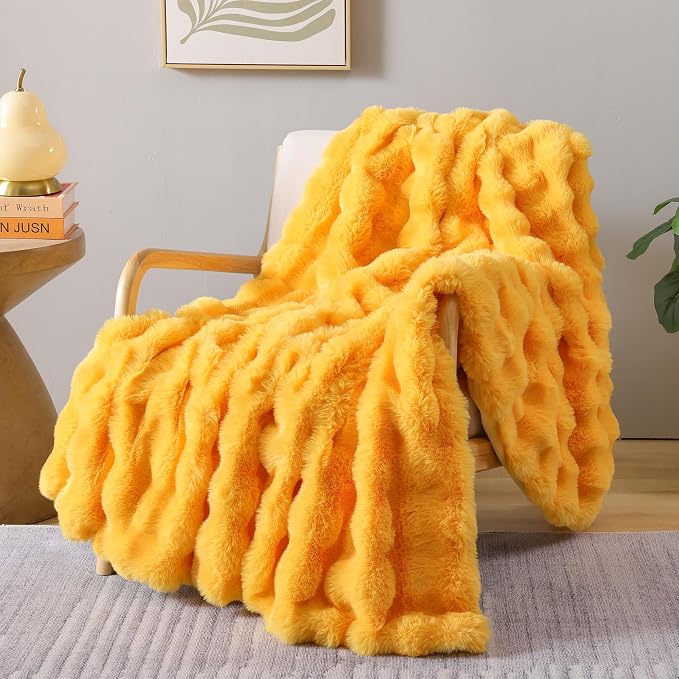 Faux Fur Throw for Couch - Mustard Yellow Bubble Blanket 60"x80" | Fluffy Plush Fuzzy Throw for Sofa & Bed, Super Soft Cozy Comfrt Blanket, Luxury Aesthetic Yellow Decor Gift for Women