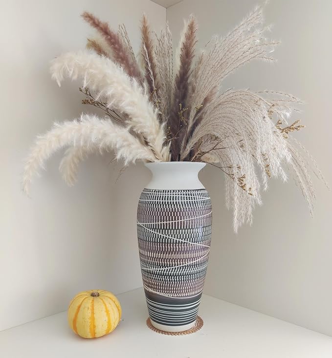 12.6" Tall Vintage Ceramic Rustic Farmhouse Vase (Full Skipcut Brown) | Large Boho Textured Flower Vases for Home Decor, Living Room, Table, Mantel, Shelf