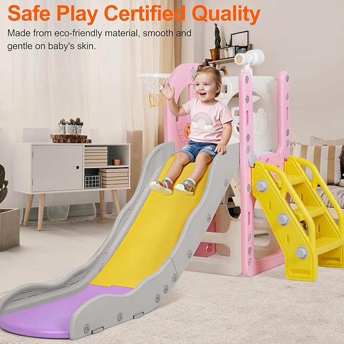 6 in 1 Toddler Playset Toddler Slide and Climber Playset, L-Shaped Kids Slide with Basketball Hoop, Telescope & Storage, Sturdy Indoor Outdoor Playground, for Boys Girls 1-3+