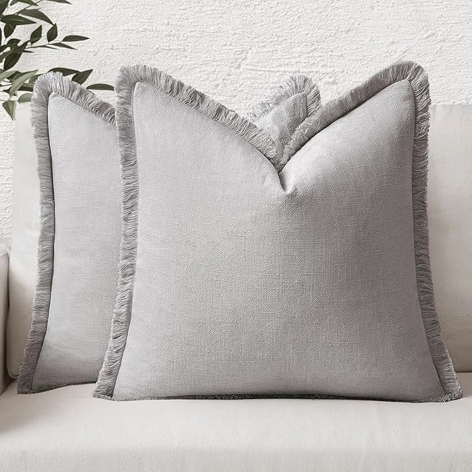 MIULEE Boho Linen Fringe Decorative Throw Pillow Covers Light Grey 20x20 | Set of 2, Cottagecore Decor, Boho Farmhouse Neutral Pillow Covers, Rustic Couch Cushion Cases for Sofa Bed Living Room