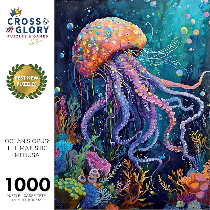 Cross & Glory 1000 Piece Jigsaw Puzzle for Adults | Ocean’s Opus: The Majestic Medusa | Marine Ocean Artwork Puzzle | Challenging Brain Teaser | Firework Jellyfish Design