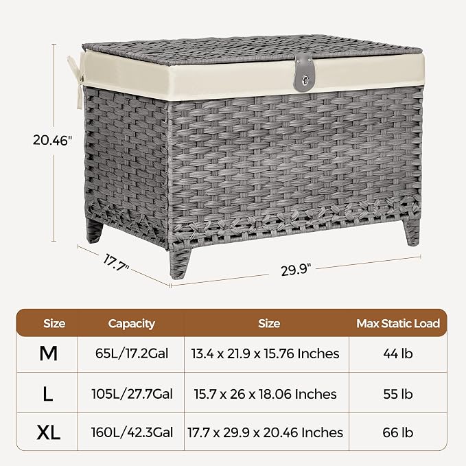 Wicker Storage Basket with Lid, 160L Shelf Basket with Removable Liner Bag | Rattan-Inspired Woven Design, Elevated Feet, Storage Trunk for Wardrobe, Bedroom & Home Organization