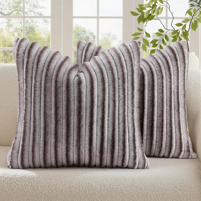 decorUhome Fall Faux Fur Throw Pillow Covers 18x18 Set of 2 Brown White | Decorative Soft Cozy Striped Plush Modern Farmhouse Boho Couch Pillow Cases Velvet Back for Sofa Bed Living Room Home Decor