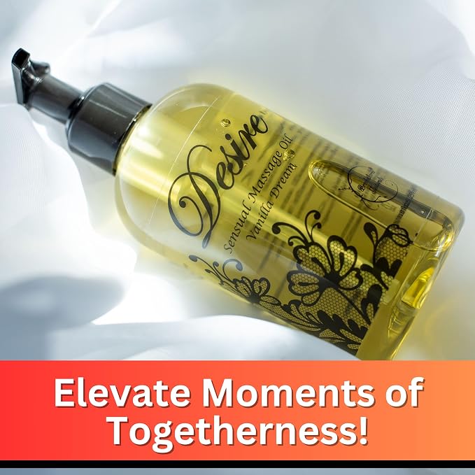 Desire Sensual Massage Oil for Date Night | Perfect for Couples | Hydrating Vanilla Body Oil | All Natural with Sweet Almond, Grapeseed & Jojoba for Smooth Glide 8oz