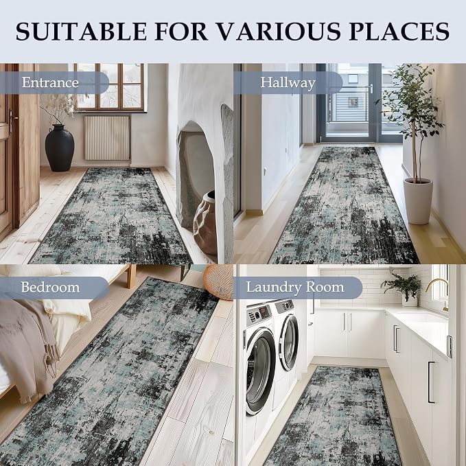 RELEANY Washable Runner 2'x6' Abstract Area Rug for Hallway Teal Black | carpet for kitchen, entryway, bathroom, living room, bedroom, printed pattern, non-slip, soft, stain-resistant, easy to clean