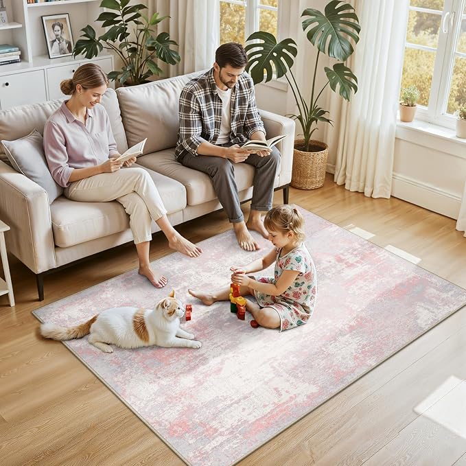 RELEANY Washable 4'x6' Abstract Area Rug for Living Room Gray Pink | carpet for bedroom, kitchen, office, hallway and entryway, printed pattern, non-slip, soft, stain-resistant, easy to clean
