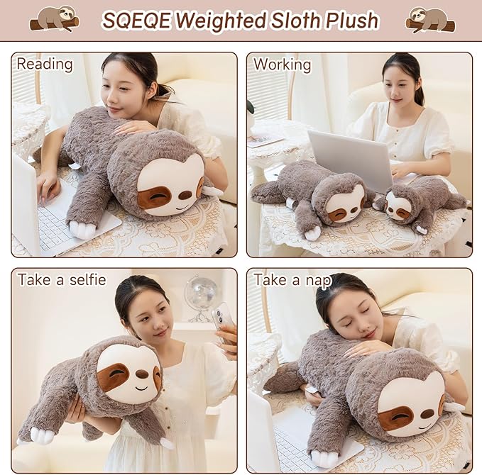 SQEQE Weighted Stuffed Animals Sloth Plush, Weighted Sloth Stuffed Animals Plushies, Soft Pillow Toy for Kids Adults, Christmas & Birthday Gifts 9.8 Inch, 0.8 Lb