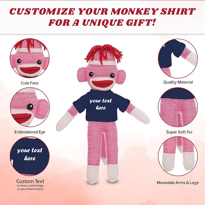 Huggable Pink Sock Monkey 8 Inch, Plush Stuffed Animal Personalized Gift-Custom Text on Shirt-Perfect for Halloween Day, Valentine's Day, Graduation Day, or Birthday Present (Navy)