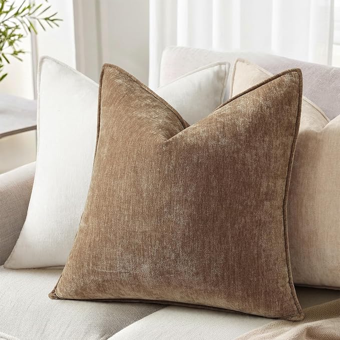 decorUhome Chenille Brown Velvet Throw Pillow Covers 24x24 Set of 2 | Fall Soft Euro Sham Couch Decorative Modern Farmhouse Pillow Cases with Elegant Design for Sofa Bed Living Room Home Decor