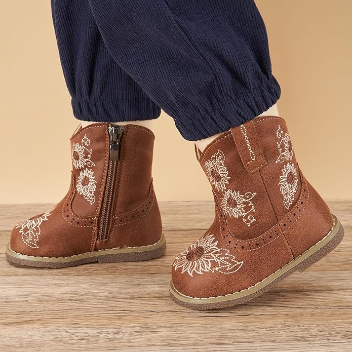Newsonet Baby Cowboy Cowgirl Boots Infant Western Boots Toddler Boys Girls Round Toe Riding Mid Calf Boots All Seasons for 6 9 12 18 24 Months