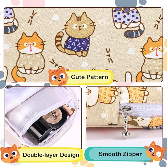 Likesing Period Bag Pouch, Canvas Sanitary Napkin Storage Bag for Girls Womens, Portable Sanitary Napkin Period Pad Pouch for Purse, Small Make Up Bags(Khaki Cat)