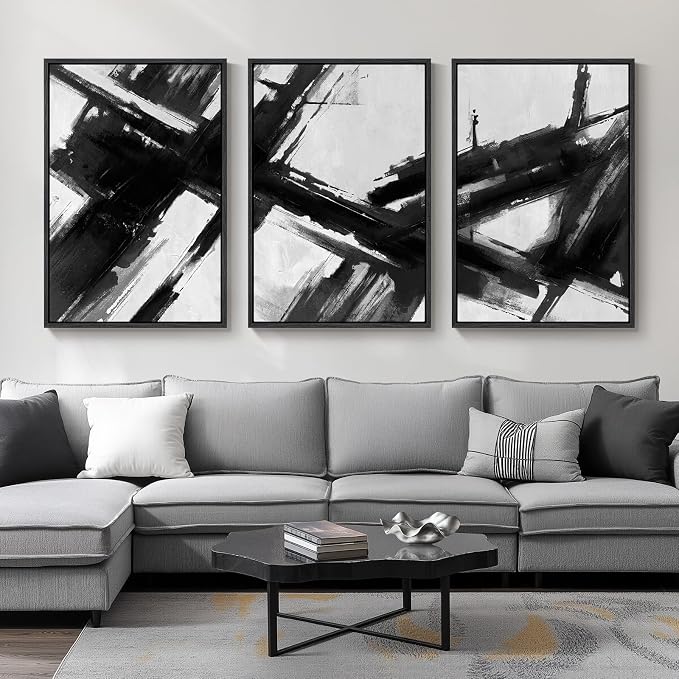 Large Framed Black and White Abstract Canvas Wall Art for Living Room, 3 Piece Modern Prints Paintings Artwork for Walls, Minimalist Abstract Brushstroke Pictures for Hallway Dining Office Wall Decor 24x36 Inch