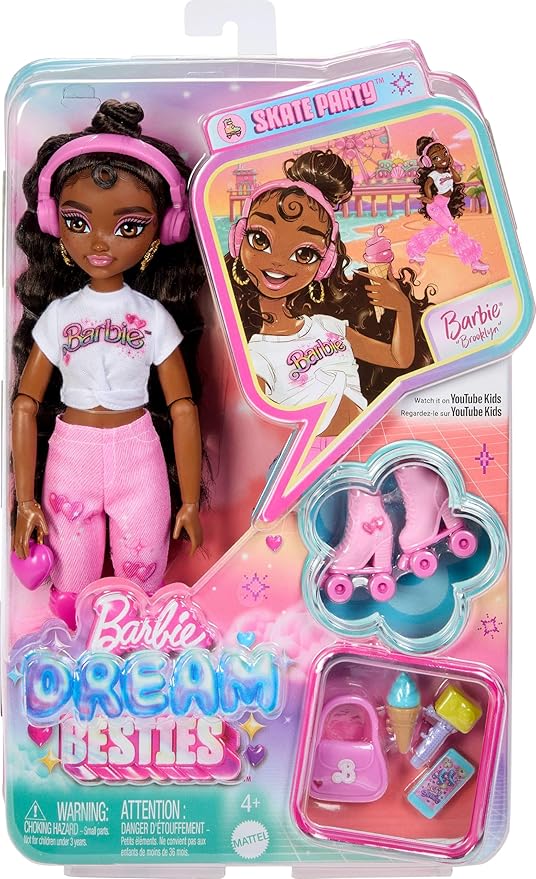 Barbie Dream Besties Doll and Accessories, Brooklyn Posable Roller Skating Fashion Doll with Dark Brown Hair, 9 Music & Video Themed Pieces