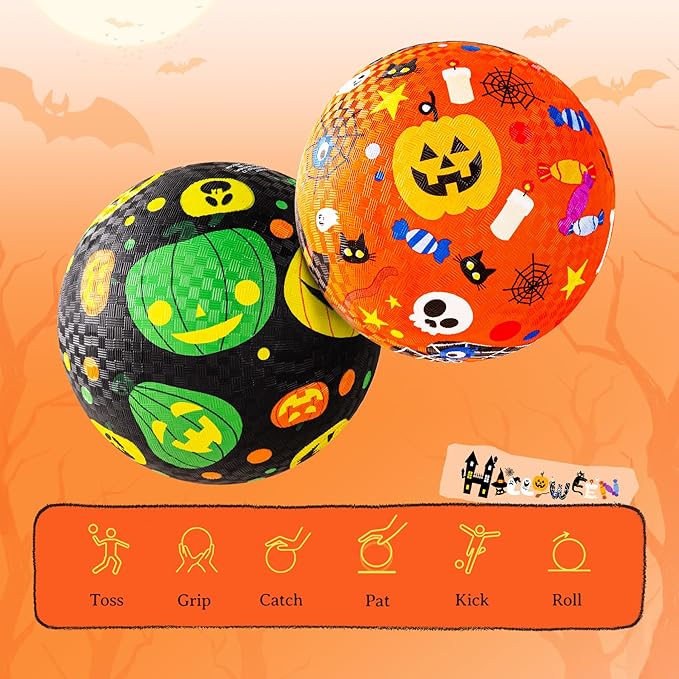 ZOOJOY Pack of 2 Cartoon Playground Balls, Halloween Balls for Toddler 3-12, 8.5" Rubber Ball Bouncy Kickball, Indoor & Outdoor Game Toys for Boys Girls with Pump