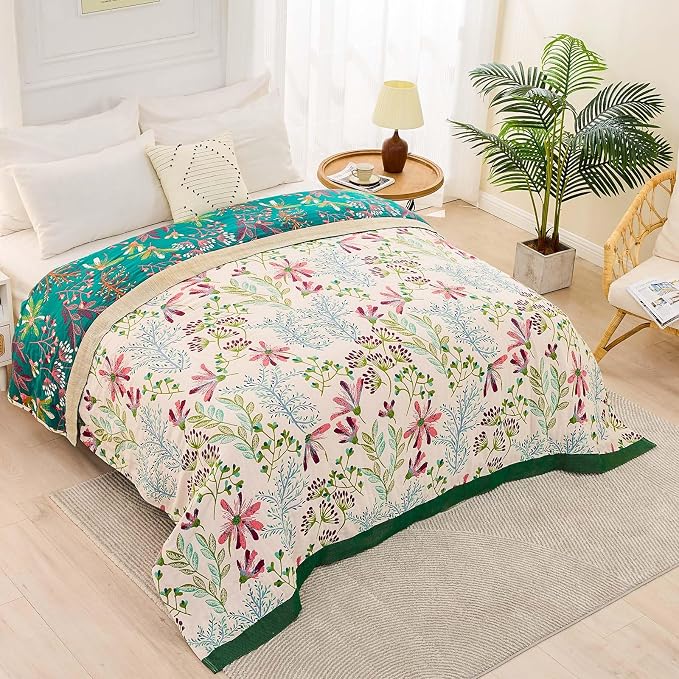 XIBLC Boho Throw Blanket for Bed, 100% Cotton Soft Rustic Quilt Fall Blanket, 80" 90" Floral Printed Farmhouse Decor Bed Blankets, All Season Rustic Reversible Bohemian Throw Quilt