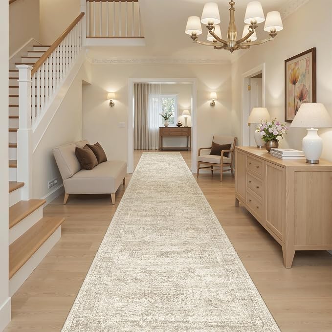 Soalmost Washable 3x14 Hallway Runner Rug Non-Slip Kitchen Entry Rugs Beige | Vintage Long Runners 14ft for Bathroom Entryway, Foldable Low-Pile Wide Floor Carpet Mat for Corridor Living Room Bedroom
