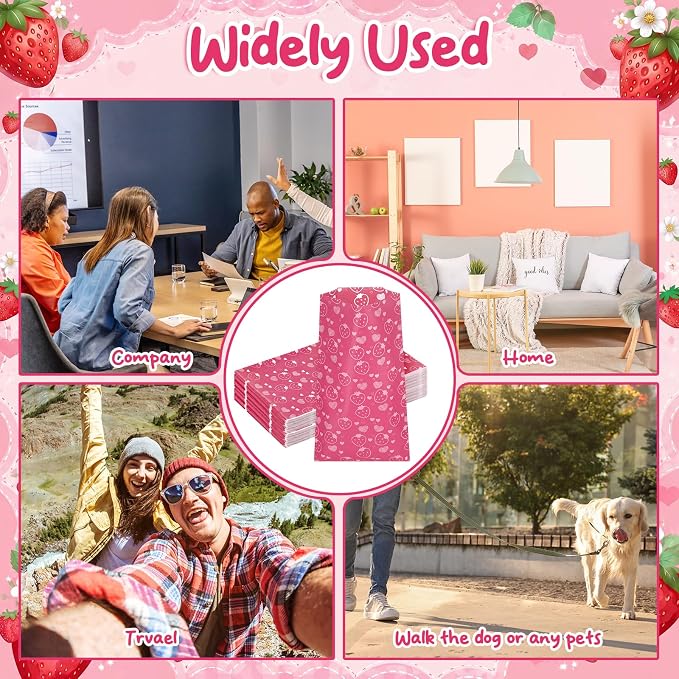 Eccliy 150 Pcs Sanitary Napkin Disposal Bags, 9.8''x5.9'' Thick Pink Strawberry Feminine Hygiene Waste Bags, Disposable Tampon Trash Bag for Women Privacy, Diaper Sack, Personal Care for Home Travel