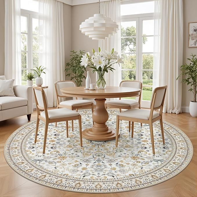 Round Area Rug for Living Room: 4 ft Washable Vintage Boho Soft Thin Circle Rug Indoor Floor No Slip Stain Resistant Carpet for Bedroom Dining Room Farmhouse Nursery Home Office - Beige