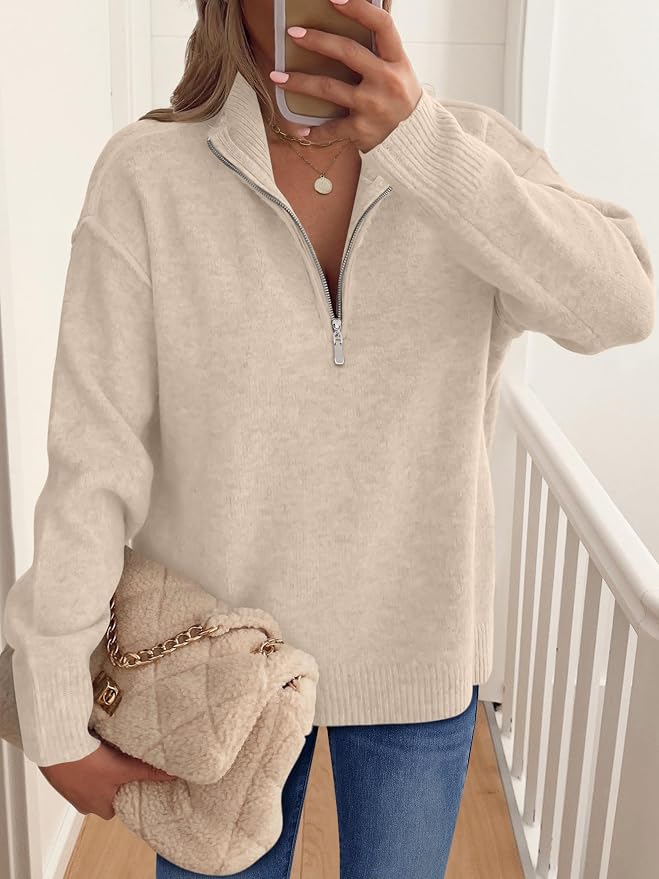ANRABESS Womens Quarter Zip Sweaters Fall Long Sleeve V Neck Shirts Collared Business Casual Tops Knit Pullover Sweatshirts