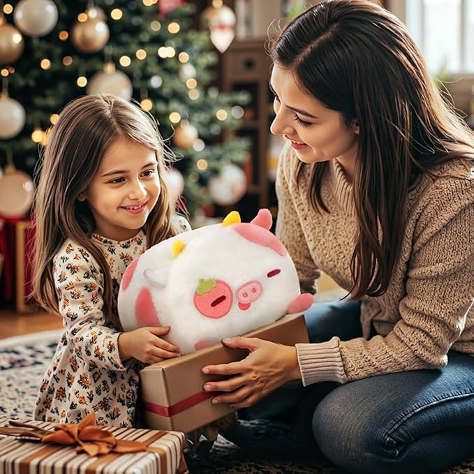 Mewaii Strawberry Cow Plush Pillow, Kawaii Cow Stuffed Animals, Cute Plushies for Girls, Soft Pink Cow Plush, Birthday Gifts for Kids Adults Teens (8 Inch)