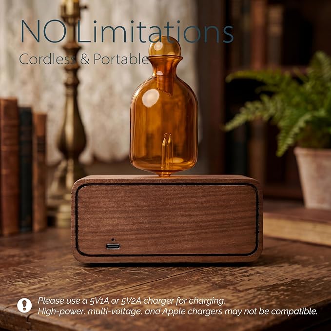 Ember Glass Essential Oil Diffuser with Handmade Wood Base for Aromatherapy, Retro Waterless Scent Diffuser with Cool Mist, Portable & Cordless Oil Nebulizer with LED & Timer, 2026 Model