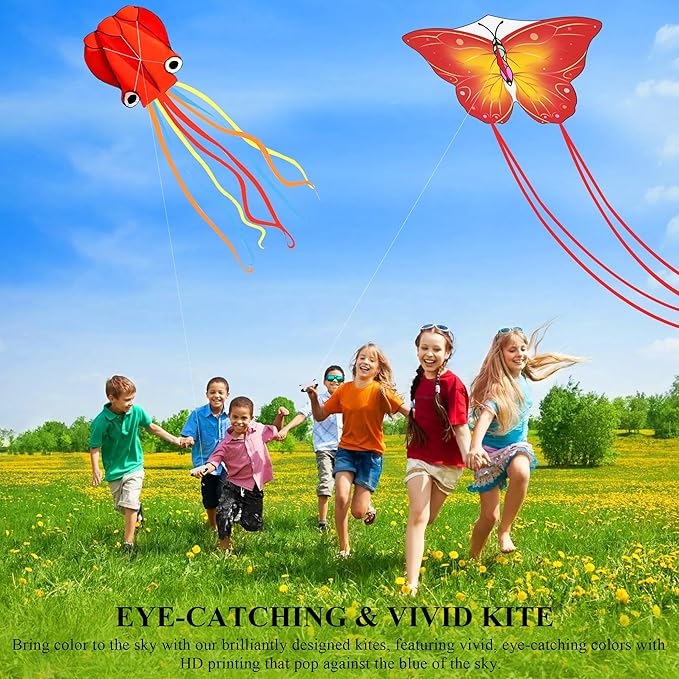3 Pack Large Kites, Easy to Fly Large Butterfly, Giant Red Octopus & Colorful Delta Kite for Beach Trip - Perfect Kites for Kids Ages 4-8 8-12, Gifts for Easter and Festival