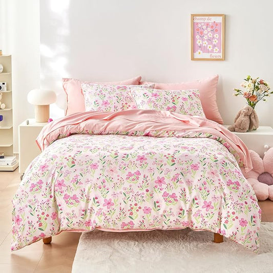 Wake In Cloud - Floral Bedding Set for Girls, Cute Colorful Botanical Flowers Patterned Soft Lightweight Comforter Set with Sheets, 7 Pieces Kids Bed in a Bag, Light Pink, Full Size