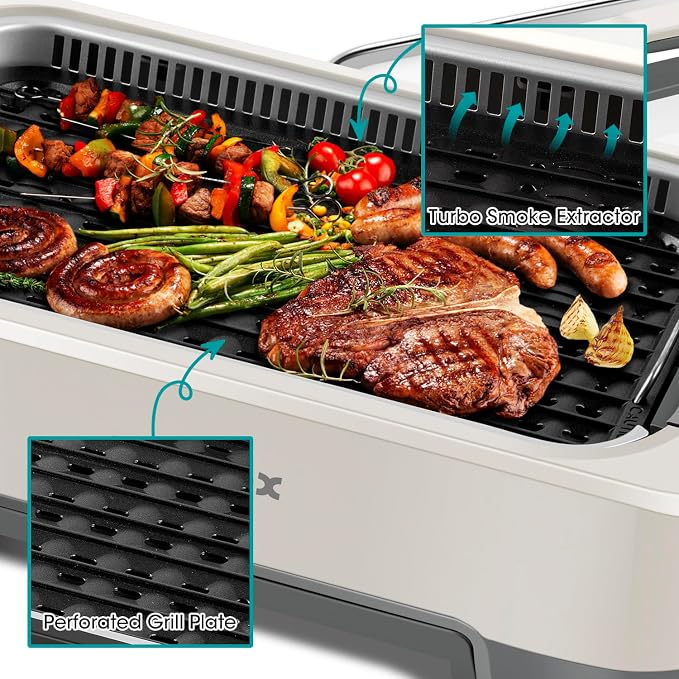 Smokeless Indoor Grill, CUSIMAX Electric Grill 1500W Korean BBQ Grill White | Adjusting Temperature/Smart LED Display/Non-stick Removable Grill Plate/Turbo Smoke Extractor/Tempered Glass Lid/Easy Cleanup