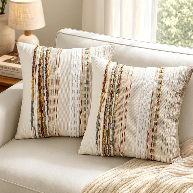 ANRODUO Decorative Boho Pillow Covers Orange White 18x18 Inch Pack of 2 | Throw Pillow Covers, Farmhouse Striped Pillow Covers, Chenille Tufted Pillow Cases, Neutral Pillowcase for Living Room Couch