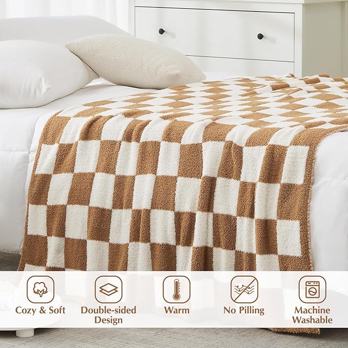 Soft Checkered Throw Blanket for Couch-Cozy Warm Knitted Blankets | Lightweight Warm Fluffy Decor for Women, Mom, Her & Girls, Sofa, Chair, Bed, 50x70in, Burnt Orange