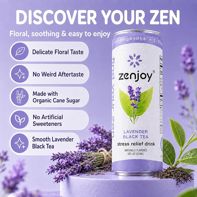 Zenjoy Adaptogen Drink Stress Relief Tea | Non Alcoholic Calming Drink w/Ashwagandha, Lemon Balm & L-Theanine for Focus | Stress Tea Calming Social Mocktail with Adaptogens (12 Pack, Variety)