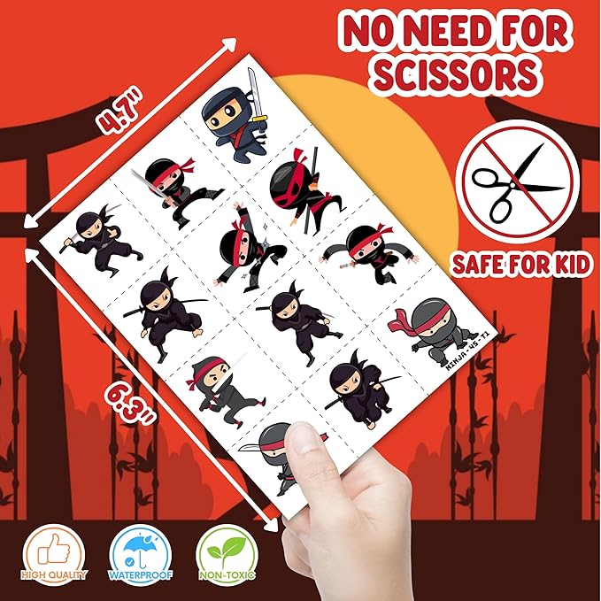 72PCS Ninja Party Favors for Kids - 48 Pre-cut Temporary Tattoos & 24 Slap Bracelets - Ninja Birthday Decorations, Classroom Prizes, Goodie Bag Gifts for Boys & Girls7
