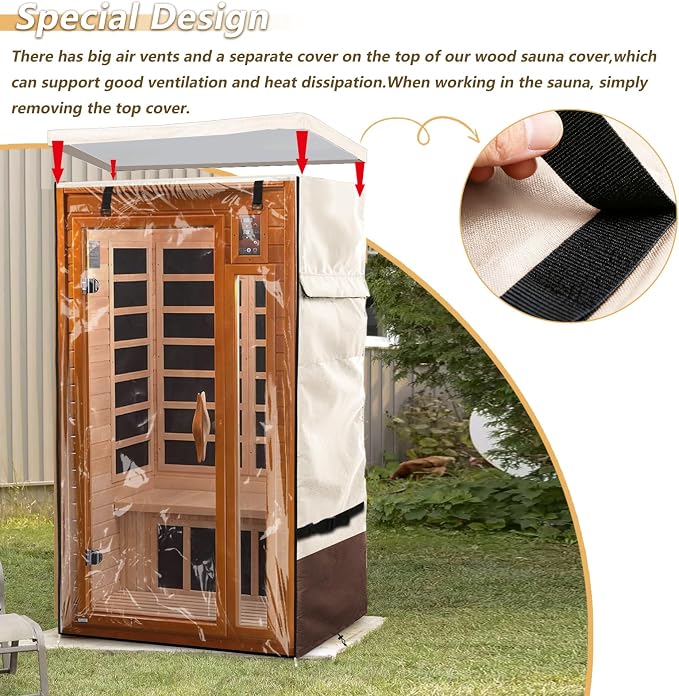 Outdoor Wood Sauna Cover,Sauna Covers with Separate Top Cover for Wood Home Spa Saunas,40" Lx37 Dx73 H with PVC Clear Door Design,Beige&Brown