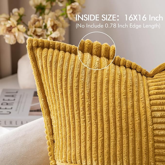 MIULEE Decorative Throw Pillow Covers for Couch 16x16 Inch Mustard Yellow | Boho Broadside Striped Patchwork Pillow Covers, Soft Corduroy Cushion Cases, For Sofa Bed Livingroom Home Decor