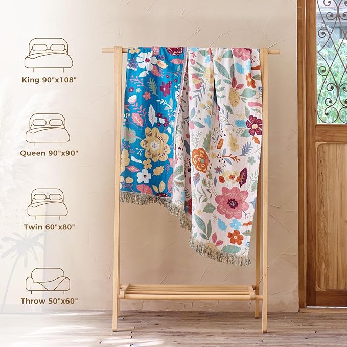 LUTBM Boho Throw Blanket for Bed 60"x80", All Season Cotton Couch Blankets | Reversible Floral Leaves Jacquard, All-Season Twin Lightweight Breathable Quilt, For Chair Sofa Bedroom Living Room Decor