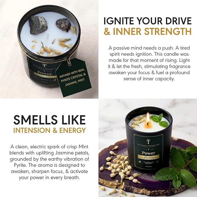 Aromatherapy Scented Candle for Confidence & Motivation – Hand-Poured Soy Candle Infused with Jasmine, Mint & Pyrite Crystals – 10.5 Oz & 50 Hrs Burn Time – Ideal Birthday Gift