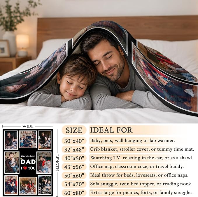 Fathers Day Birthday Gift for Dad Custom Blanket with 8 Photo & Text, Personalized Blankets with Picture to My Dad, HD Printing Customized Flannel Throw Blanket Gifts for Best Daddy Grandpa Ever