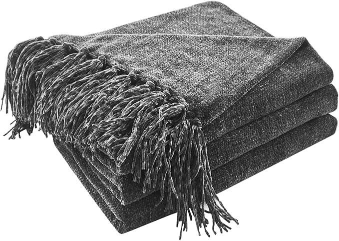 CozeCube Chenille Throw Blanket, Charcoal Grey Fringe Blanket, 50"X60" | For Couch, Cozy Plush Fuzzy Decorative Blanket with Fringe Tassels, Lightweight Throws for Bed Sofa Gift Home Decor