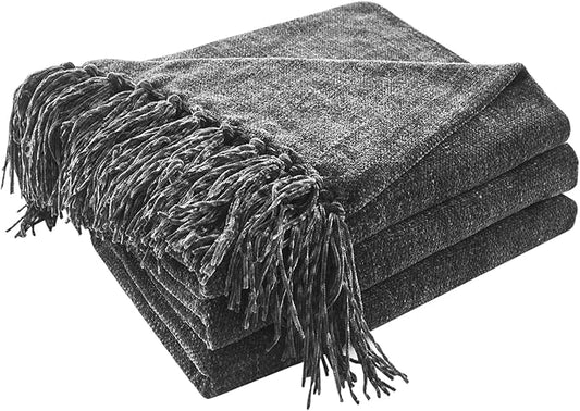 CozeCube Chenille Throw Blanket, Charcoal Grey Fringe Blanket, 50"X60" | For Couch, Cozy Plush Fuzzy Decorative Blanket with Fringe Tassels, Lightweight Throws for Bed Sofa Gift Home Decor