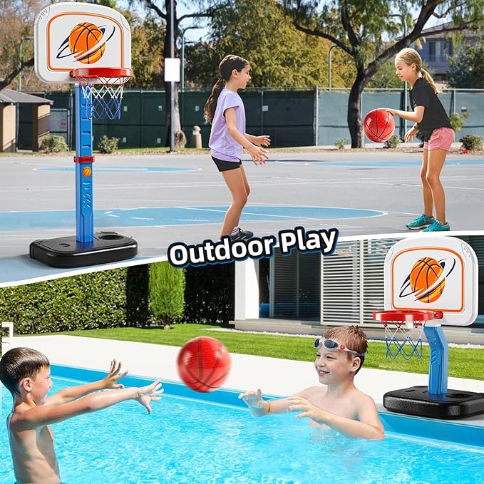 NIPLOOOW Swimming Pool Basketball Hoop, Adjustable Height Toddler Basketball Hoop, Includes 4 Balls and Pump, Poolside Water Basketball Indoor & Outdoor Toy for Boys Girls Kids Age 3-8