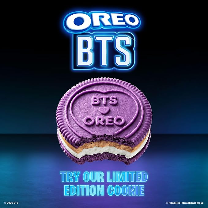 OREO BTS Sandwich Cookies, Limited Edition, 10.68 oz. | Brown Sugar Pancake Flavor Creme, Purple Wafer Cookies, 13 unique BTS-selected Designs