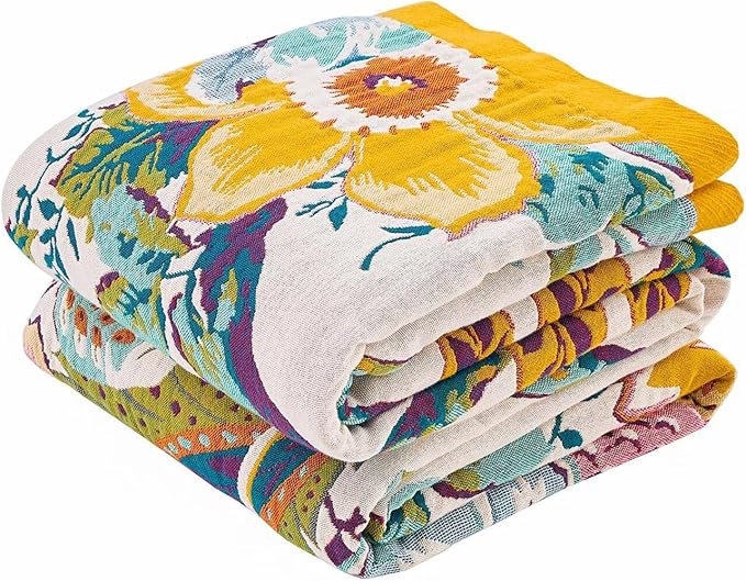 XIBLC Boho Throw Blanket 100% Cotton Vintage Blanket Muslin Woven Flower Decorative Throw Blankets All Season Bohemian Rustic Farmhouse Decor Quilt for Bed (Yellow 50"x60")