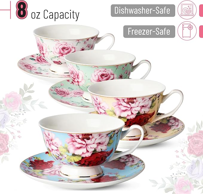 BTaT- Floral Tea Cups and Saucers Set of 4 (8 oz), Porcelain Tea Cup Sets with Gold Trim & Gift Box, Dishwasher & Freezer Safe