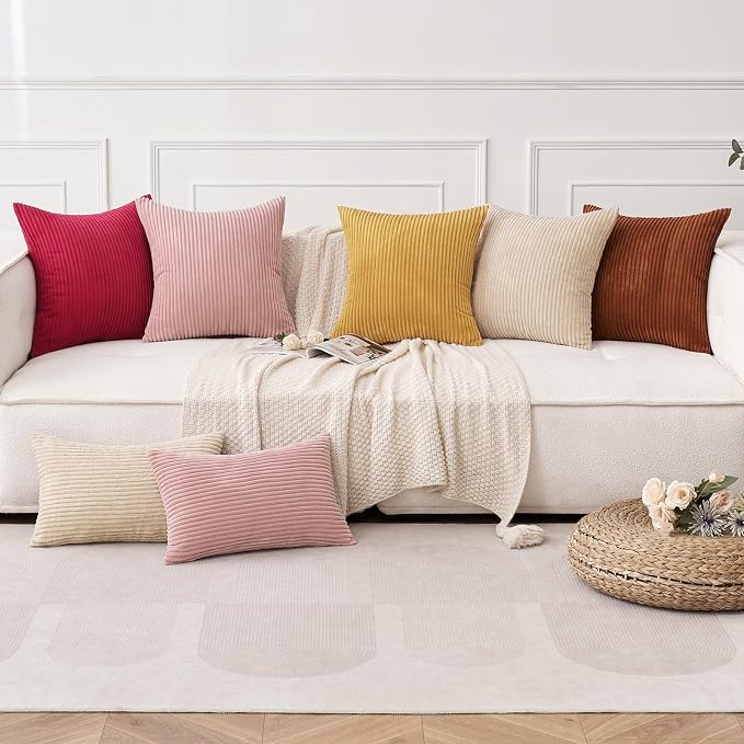 MIULEE Fall Decorative Corduroy Throw Pillow Covers Set of 2 16x16 Gold | Soft Striped Textured Cushion Cases, Boho Rustic Square Pillowcases Neutral Home Decor, for Couch Chair Sofa Bed Living Room